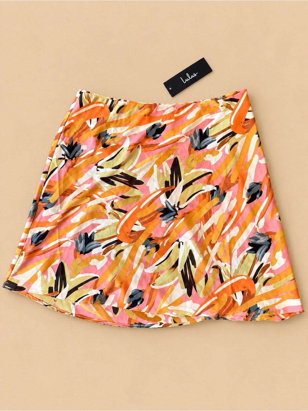 Abstract Floral Print A Line Mini Skirt Orange Pink Size M